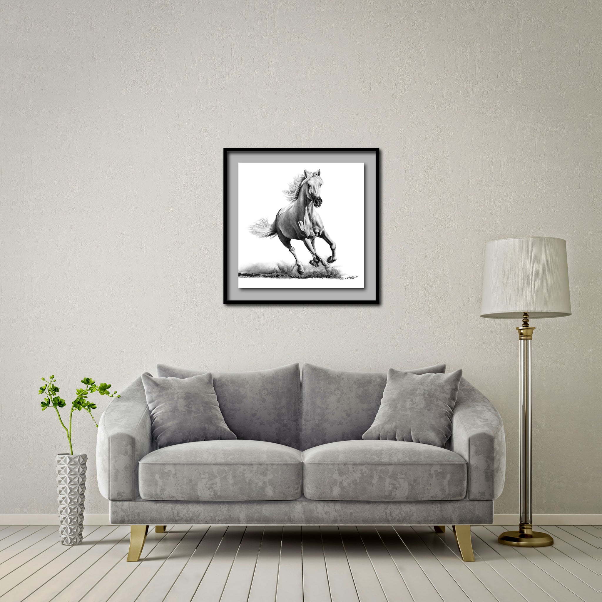Faithful and True- White Horse Standard - Artist Print with Frame (Print Size:60cm x 60cm; Framed Size 74cm x 74cm)