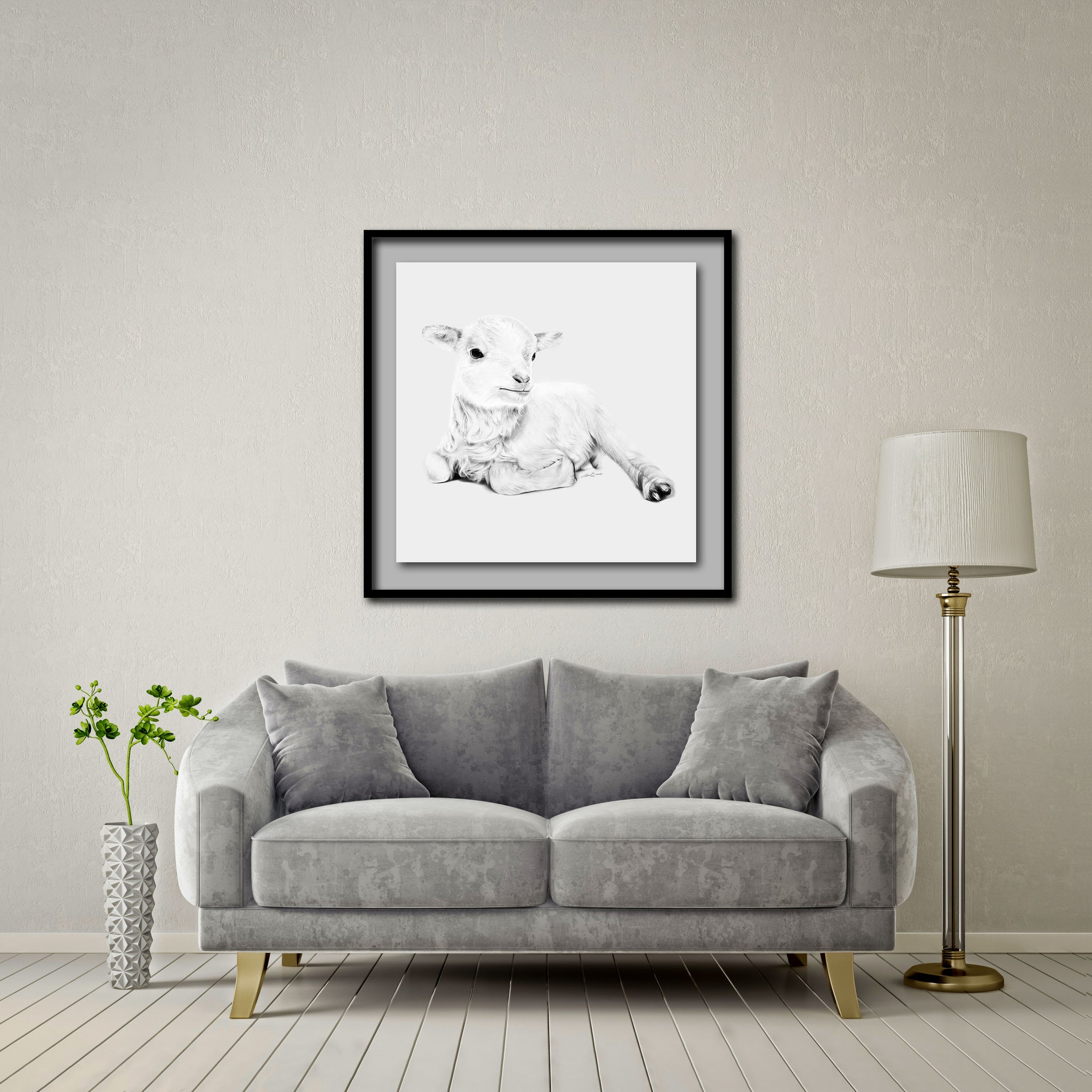 Lamb At Rest Large Format - Artist Print with Frame (Print Size:80cm x 80cm; Framed Size 94cm x 94cm)