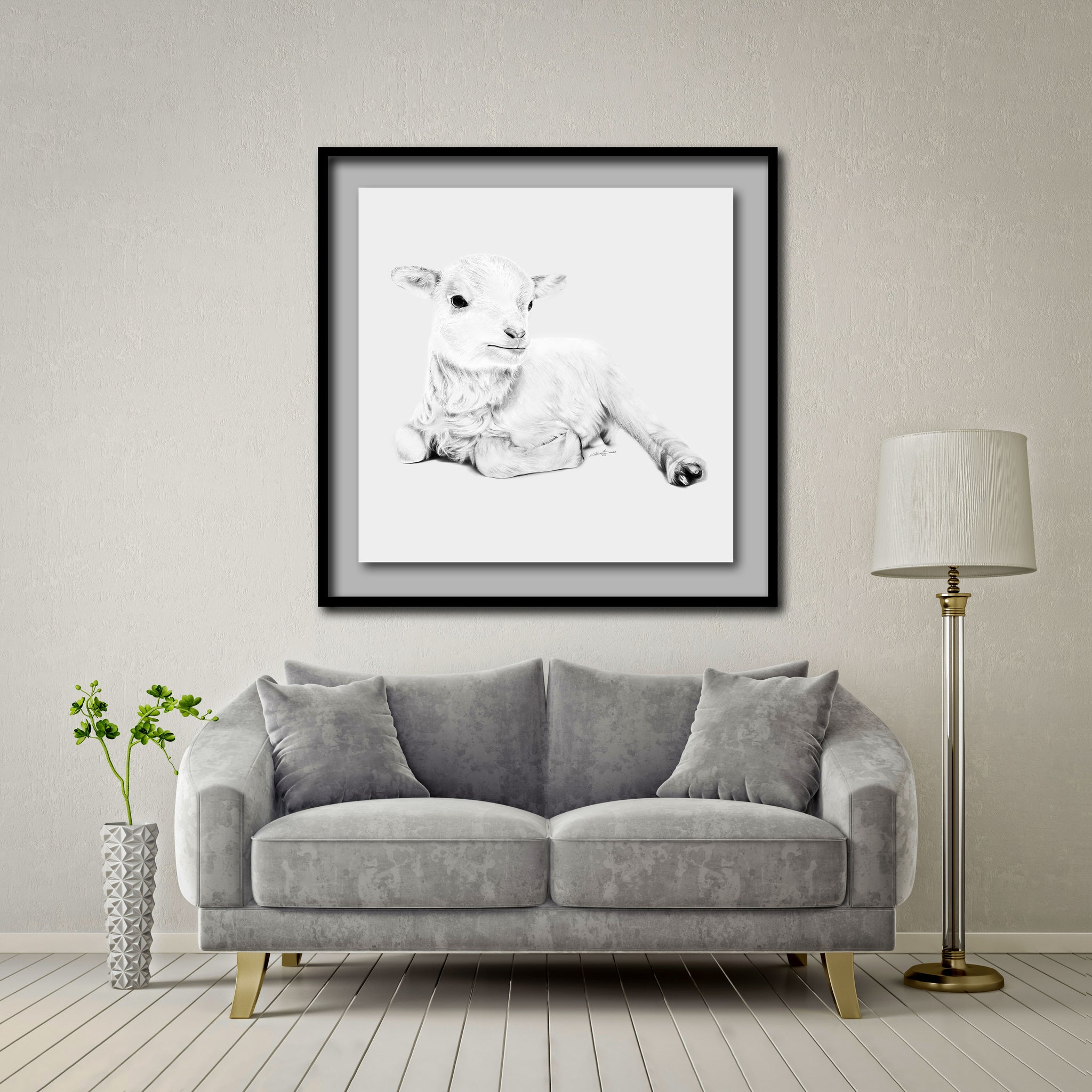 Lamb At Rest Giant Format - Artist Print with Frame (Print Size:100cm x 100cm; Framed Size 114cm x 114cm)